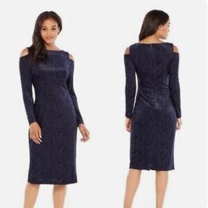 Maggy London Off shoulder Long sleeve Velvet Navy Midi Women's Sheath Dress 14